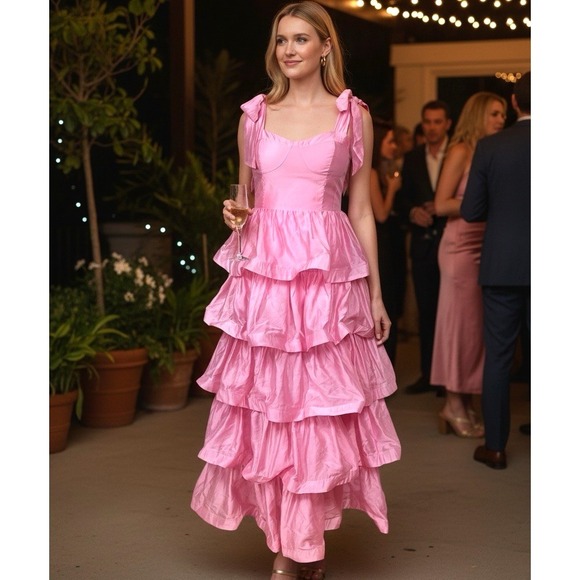 & Other Stories Dresses & Skirts - NEW & Other Stories Ruffle Maxi Dress Size 10 Pink Voile Tiers Corset Bodice